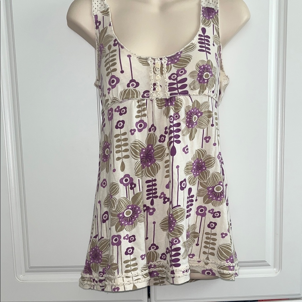 Decree Purple and Cream Floral Summer Tank Top Sz S